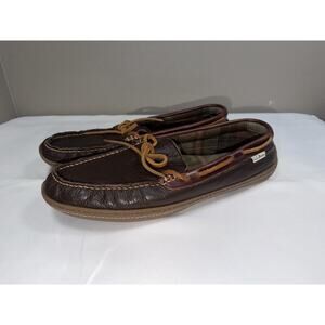 L.L. Bean Handsewn Flannel Lined Moccasin Loafer Slippers Men's 11 Brown Leather